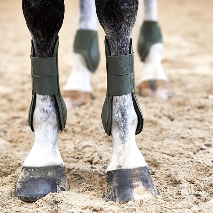 HORZE Adepto Open Front Tendon Boots | Durable Shell with Neoprene Lining - Beetle Khaki Green - Horse