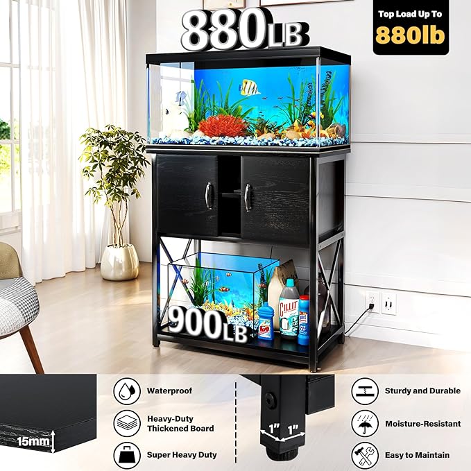 TC-HOMENY 10-29 Gallon Aquarium Stand with Charging Station and Cable Holes, Metal Fish Tank Stand with Storage Cabinet, 29" L x 16.5" W Tabletop, 880LBS Capacity