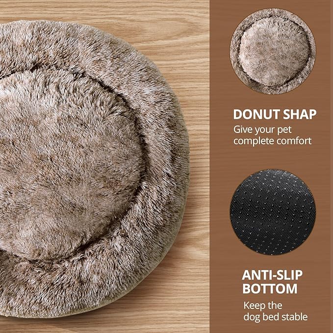 JOLLYVOGUE Medium Calming Dog Bed, Anti-Anxiety Donut Cuddler Cat Bed with Anti-Slip Bottom, Fluffy Faux Fur Machine Washable Pet Cushion for Medium Large Dog & Cat, 31"/Smoke Brown