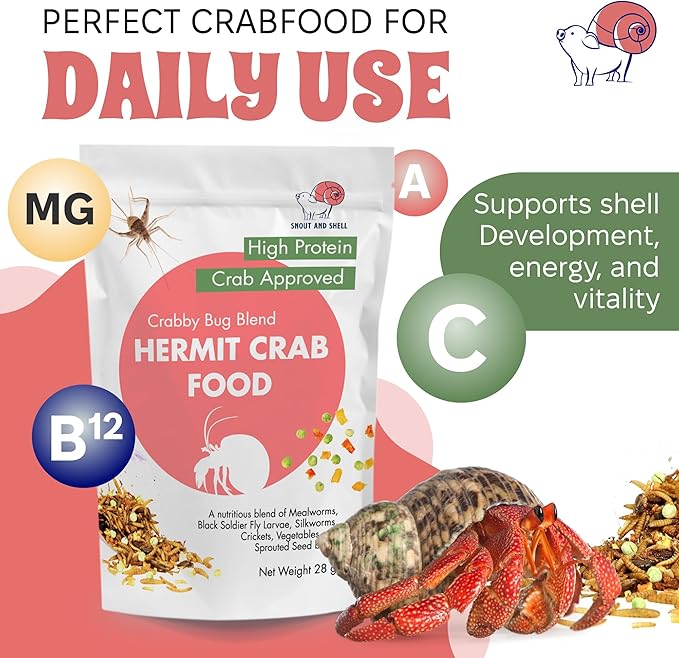 Crabby Bug Blend Natural Hermit Crab Food – Crickets, Mealworms & Sprouted Veggies – 28g – Snout and Shell