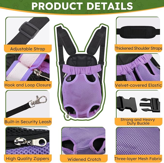 Pet Carrier Backpack, Hands-Free Adjustable Dog Front Carrier Legs Out & Easy-Fit Dog Backpack Carrier for Hiking Camping Traveling Cycling for Small Dogs and Rabbits (Large, Purple)