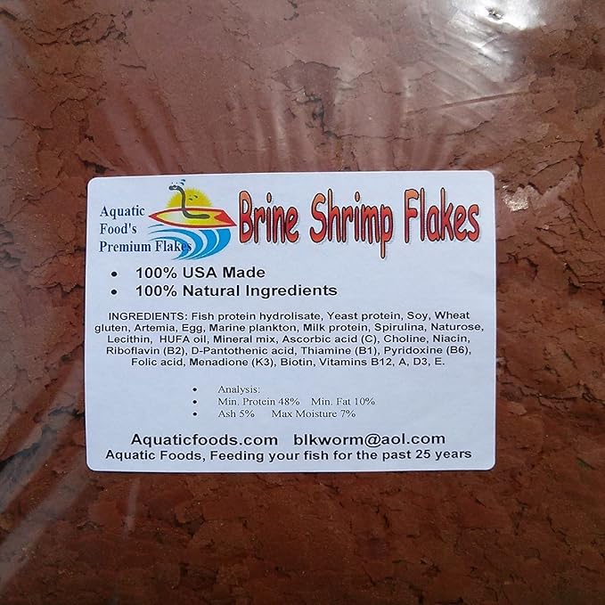 Aquatic Foods Inc. Brine Shrimp Flakes, High Protein Brine Shrimp Flakes for Discus, Cichlids, Tetras, Guppies, Live Bearers, All Community Tropical Fish Premium AF Flakes - 1/2-lb