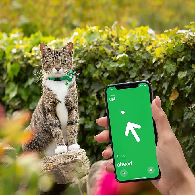Breakaway Airtag Cat Collar with Removable Bell - Leather Pet Collar with Apple Air Tag Holder - Adjustable GPS Collars for Girl Boy Cats Kitten Puppy - Lightweight, Cute and Comfortable (Green)