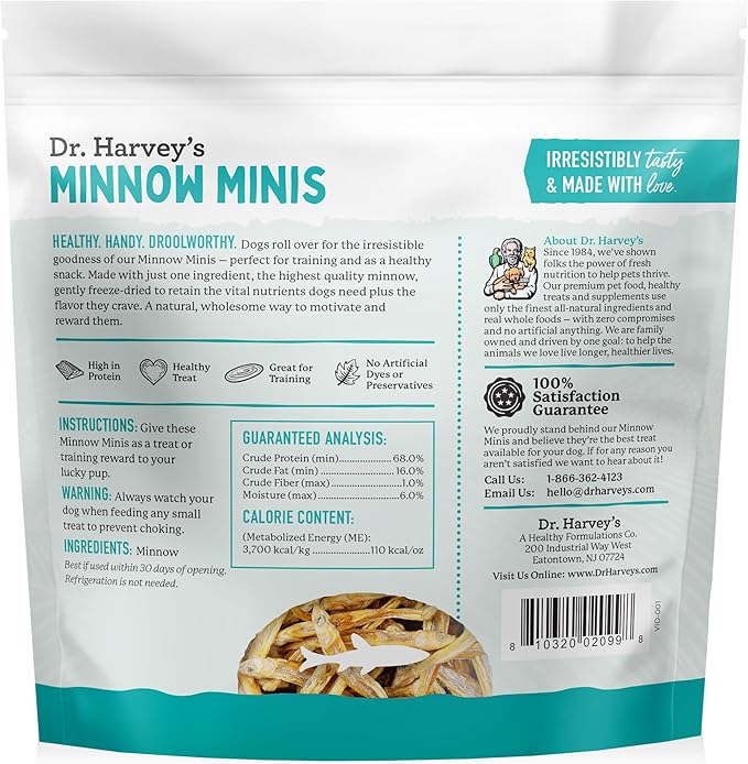 Dr. Harvey's Minnow Minis Freeze-Dried Dog Treats – Fish Treats for Training & Rewards – High Protein, Rich in Omega-3s, Made in The USA - 4 Ounces
