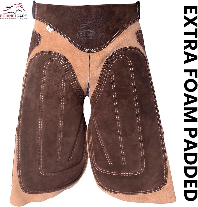 Equine Care Farrier Apron Chaps – Cowhide Suede Leather, Foam Padded Thigh and Back Support, Adjustable Waist, Tool Pockets, Magnetic Nail Holders (25 inches (65 cm))