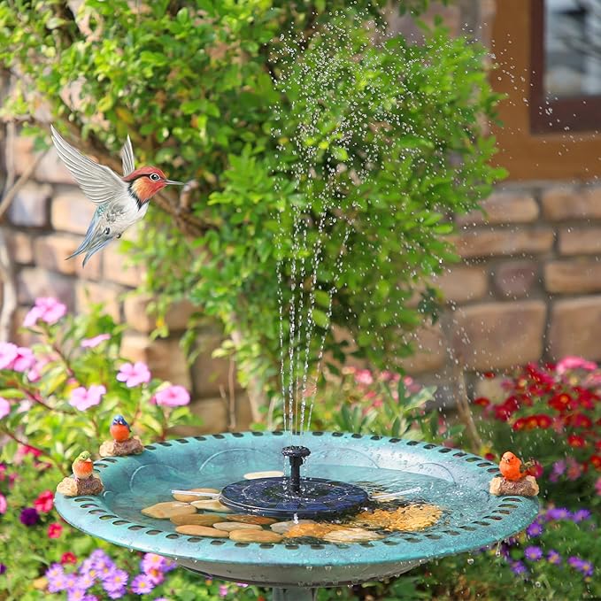 AMZtime Solar Water Fountain, Upgraded Solar Bird Bath Fountains with 6 Nozzles, Free Standing Floating Solar Powered Water Fountain Pump for Bird Bath, Garden, Pond, Pool and Outdoor
