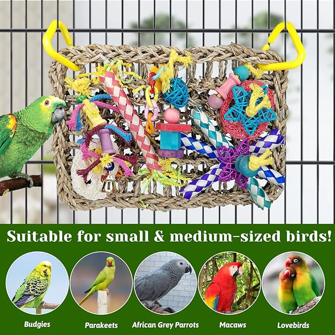 Fhiny Bird Foraging Toys, Parrot Chew Toys Seagrass Climbing Hammock Mat with Shredder Papers Wood Blocks Chewing Toys Suitable for Budgies Parakeets Love Birds