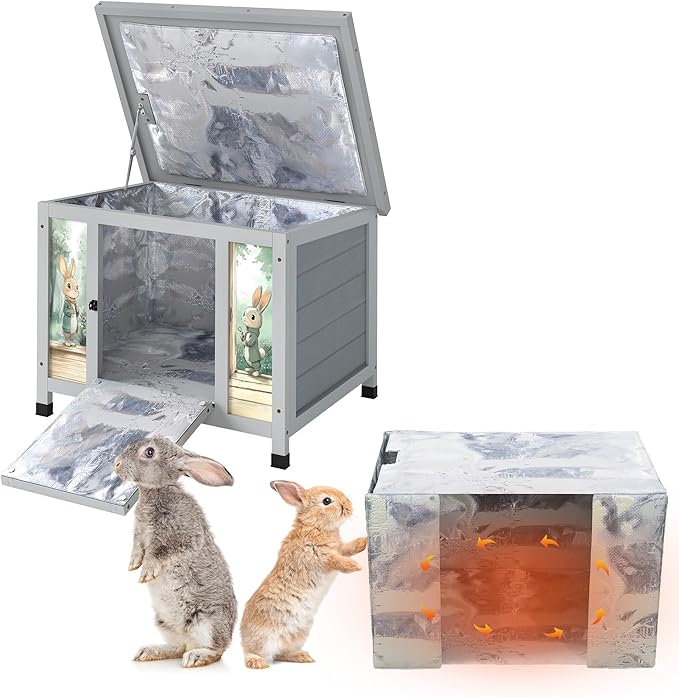 COZIWOW 24inches Insulated Cat House Outdoor Heated Indoor Small Animal House,Rabbit Cage Outdoor,Suitable for Small Cats, Rabbits, with Warm Liner for Winter(Grey with Warm)