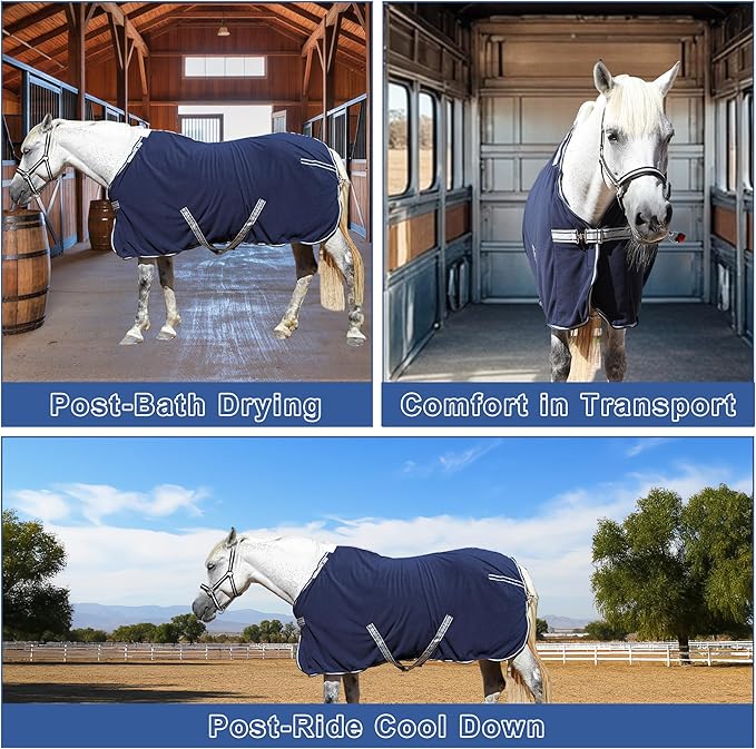 Horse Fleece Cooler, Blanket Liner - 300g Anti-Pilling Fleece, Moisture-Wicking, Cooling & Drying for Post-Workout, Bath & Travel, Prevent Overheating & Chilling Navy 84
