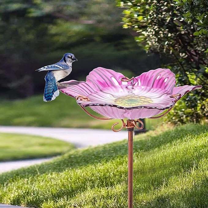 Outdoor Bird Bath Glass Birdbath Garden Birdfeeder with Metal Stake Pink(Height:26inch)