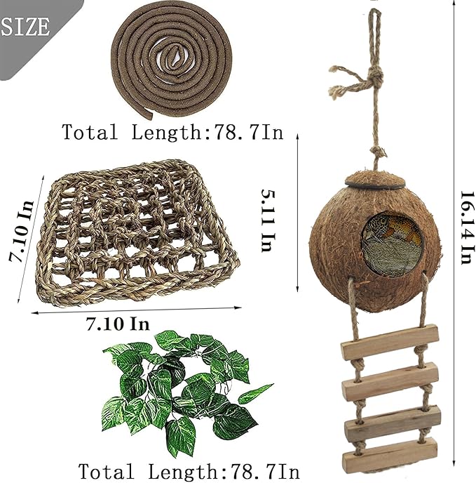 6PCS Crested Gecko Coconut Hut, Lizard Coco Den with Ladder and Reptile Hammock Bearded Dragon Tank Accessories Climbing Hanging Plants Jungle Vine Flexible Reptile Leaves Decor