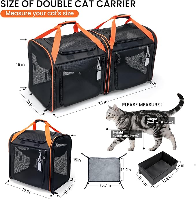 Large Cat Carrier 2-in-1 with Litter Box & Bowl, Portable Cat Carrier Hard for 2 Cats, Double Cat Travel Carrier with Safety Locking Zippers, Ideal for Long Distance Trips, Outdoor Adventures
