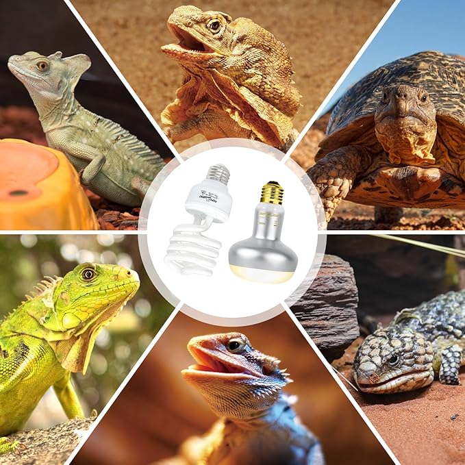 REPTI ZOO Reptile Heat Lamp Combo Pack with Dual Reptile Light Fixture, 100W Intense Basking Spot Light UVA Daylight Heating Lamp & 26W Energy Saving UVA UVB Bulb Spiral Compact Bulb 10.0