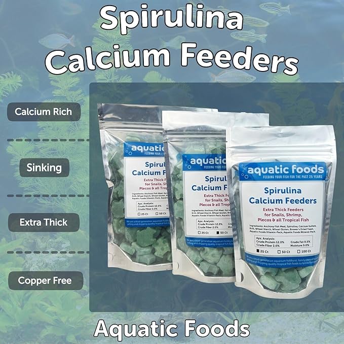 Aquatic Foods Inc. Spirulina Enriched Calcium Feeders for Shrimp, Snails, Crabs, Crayfish, Pleco, Catfish, All Tropical Fish…50 Count Bag
