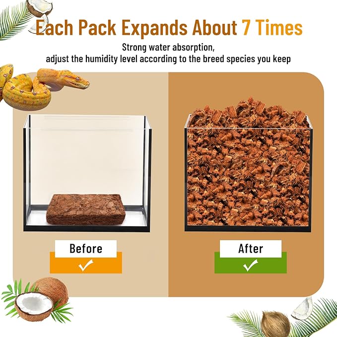 Riare 8 Pack Natural Coconut Chip Substrate for Reptiles- Compressed Coconut Husk Reptiles Bedding, Coco Husk Chip Terrarium Substrate for Snakes, Tortoises, Ball Python, Frogs, Bearded Dragon, Lizard
