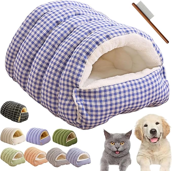 CutyPet Winter Cave,Warmth Cozy Comfort Plush Pet Cave,Cute Cozy Safe Hideaway Cat Bed with Removable Cushion,Warm Soft Removable Washable for Cats and Dogs (Purple Plaid, L:25.59 * 15.74 * 11.02 in)