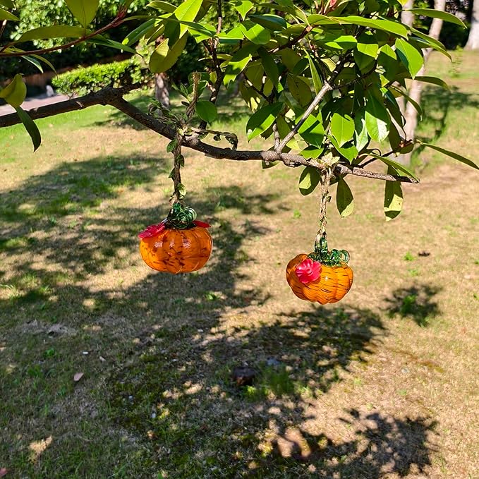 Small Glass Hummingbird Feeders for Outdoors Hanging - Hand Blown Glass Pumpkin Nectar Feeding, Orange Yellow with 2 Flowers Feeding Ports, Decor for Garden/Backyard Outside
