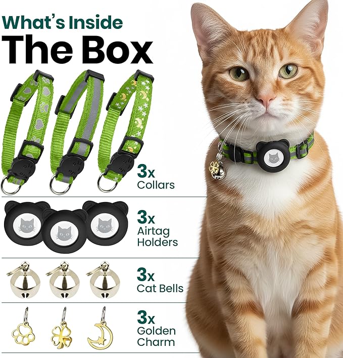 Cat Collar with AirTag Holders, 3-Pack, Reflective Breakaway Safety Collars, Bells and Matching Charms, Adjustable, Paw Hearts, Moon Stars Design, Lucky Charm, Red, Blue, Black (Green)
