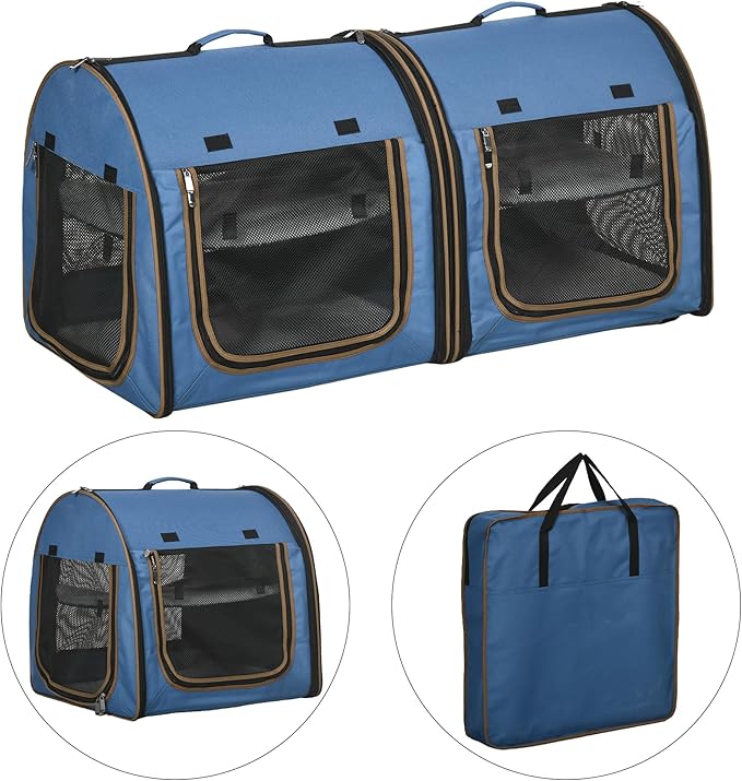PawHut 39" Portable Soft-Sided Cat Carrier, Cat Kennel, Travel Dog Crate with Divider, Two Compartments, Soft Cushions & Storage Bag, Easy to Fold, Blue