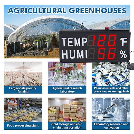 JIAWANSHUN Large Led Digital Thermometer Hygrometer, -40°F-248°F & 0-100% RH, High Accuracy 4" LED Temperature and Humidity Monitor with Alarm, Industrial Use for Chicken Farm,Pet House&Greenhouse