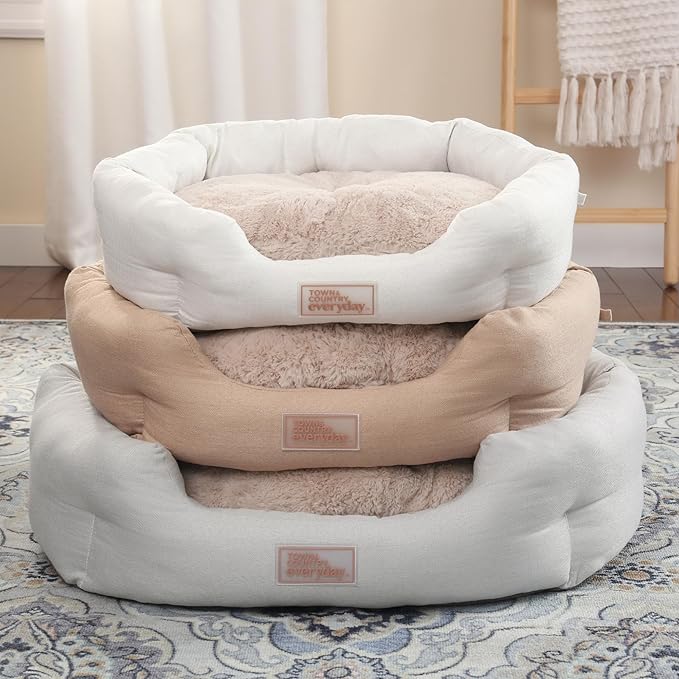 TOWN & COUNTRY EVERYDAY CuddleTown Faux Linen Comfy Cozy Cuddler Pet Bed, Supportive & Calming, Non-Slip Bottom, Machine Washable Cover, Cream, XS 20"x14"x6"