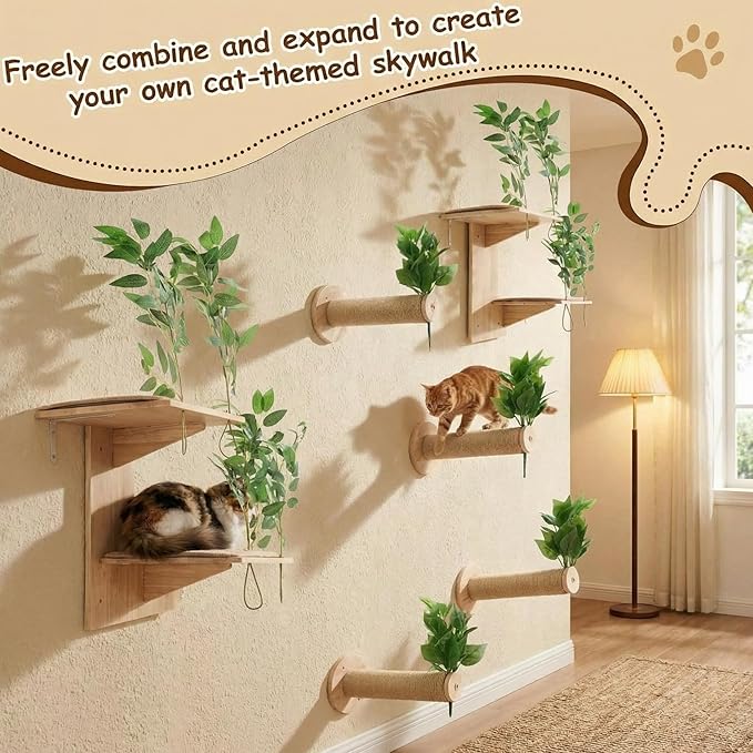Novabright 3 Pcs Cat Wall Shelves Set, Double-Layer Platform Cat Wall Furniture & 2 Wood Scratching Steps, Wall-Mounted Space-Saving Climbing System for Indoor Kitty, Easy Install