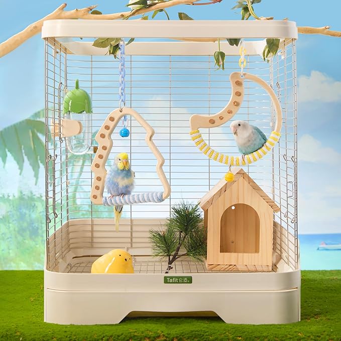 Natural Bird Swing - Tree-Shaped Parrot Perch with Bell and Cork Toys, Spinning Wooden Stand for Parakeets, Budgies, Lovebirds and Small/Medium Birds (White + Blue)