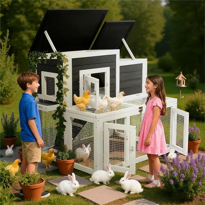 Outdoor Chicken coops for 2-4 Chickens Wooden with Waterproof Asphalt Roof, Ramp, and Multiple Doors Openable Top Pull-Out Tray Suitable for Outdoor Backyard (Black and White)