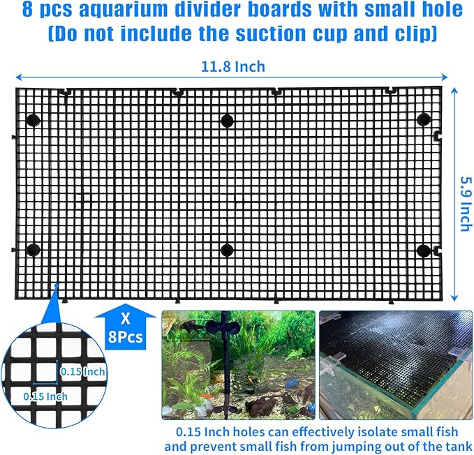 Plastic Egg Crate Grip Panel Fish Tank Divider Aquarium Divider Filter Bottom Fish Tank Isolation Board Egg Crate Tray (Black, 8pcs 11.8X5.9 Inch with 0.15 Inch Hole)