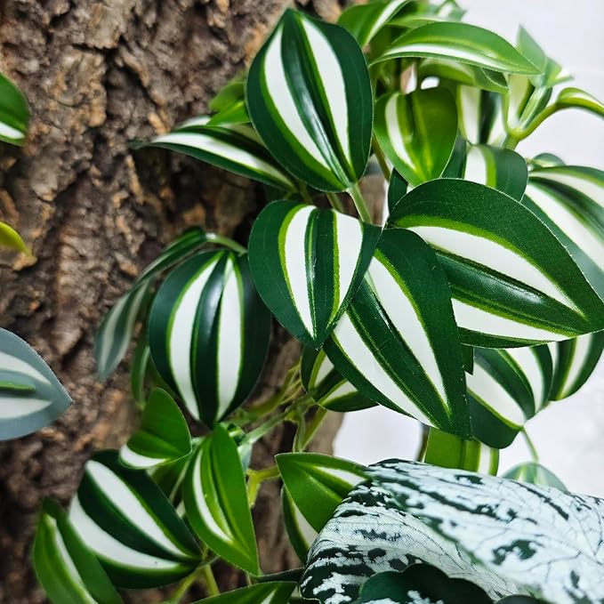 Woyrise Reptile Plants, Terrarium Hanging Plant Vines, Artificial Leaves with Suction Cup, Bearded Dragon Tank Accessories for Gecko Lizard Snake Frog Tortoise Decorations - Zebrina Green