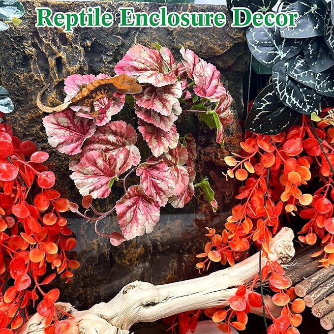 VCEPJH Reptile Plants with Suction Cup Amphibian Habitat Decor 2 Pcs Artificial Leaves for Terrarium Decor Crested Gecko Tank Accessories for Bearded Dragon, Lizard, Snake (Scarlet Saxifrage)