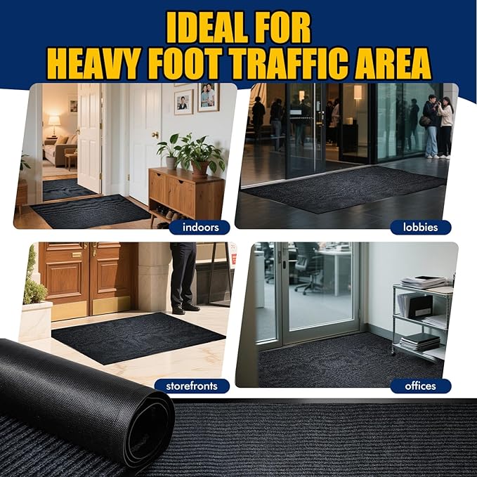 Extra Large Indoor/Outdoor Entrance Mat - 4 x 15 Feet, Rubber Border Door Mat Heavy Duty, Waterproof, Low-Profile, Easy to Clean, Rubber Entry Mat,Commercial Floor Mat, Charcoal Grey