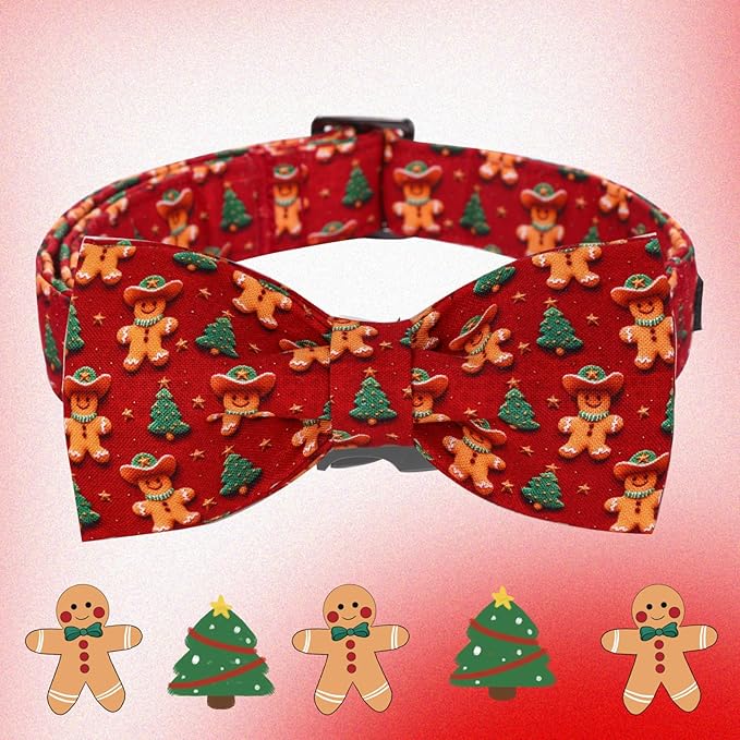 Christmas Dog Collar, Soft Pet Collar Gingerbread Man Cute Dog Collar with Bow Red Christmas Tree Adjustable Sturdy Collars Winter Holiday Collars for X-Small Girl Boy Dogs