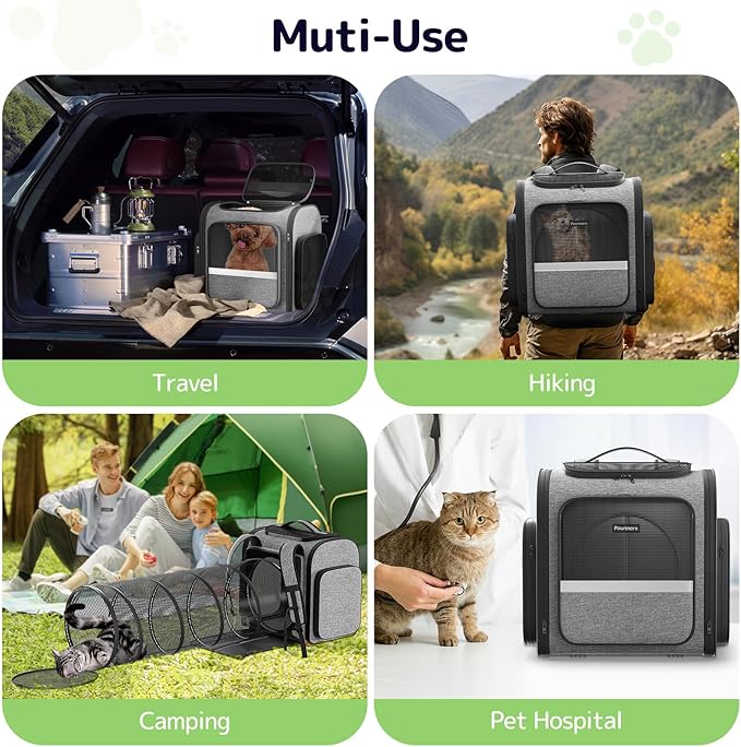Pawtners Cat Carrier Backpacks with Play Tunnel, Expandable Cat Backpack with Breathable Mesh, Pet Carrier Backpack for Small Cats Dogs Up to 18 Lbs, Dog Backpack for Travel Hiking Camping Outdoor