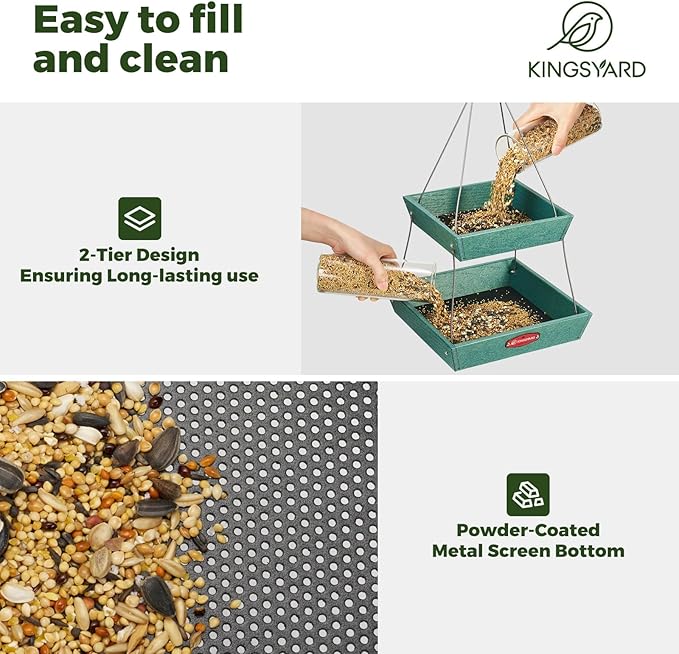Kingsyard 2 Tier Large Platform Bird Feeders for Outdoors Hanging, 5 lbs Capacity Recycled Plastic Flat Mealworm Bird Feeder Tray, Garden Decoration Attracting Cardinal Blue Jay, Green