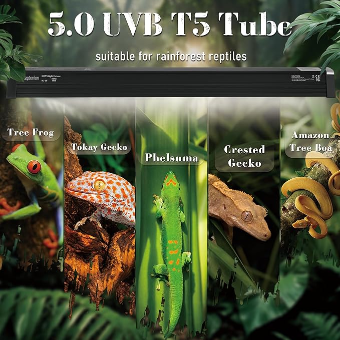 T5 Reptile UVB Light 34.5 Inches Fixture with UVB 5.0 Bulb High Output Hood for Terrariums, Basking Reptiles, Lizards, Chameleons, Iguanas, Bearded Dragons, 39W