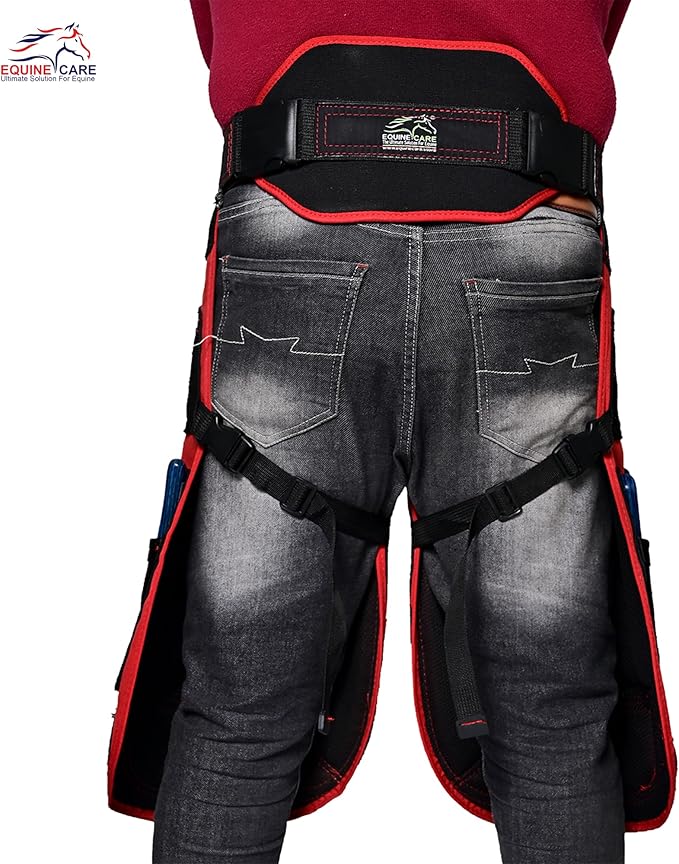 Equine Care Farrier Apron Chaps 2mm Cowhide Leather, 500 GSM Canvas, Air-Mesh, 23" Length, Adjustable Waist (28"-52"), Ergonomic Foam-Padded Thigh & Back Support, 4 Knife Pockets, 2 Nail Magnets.