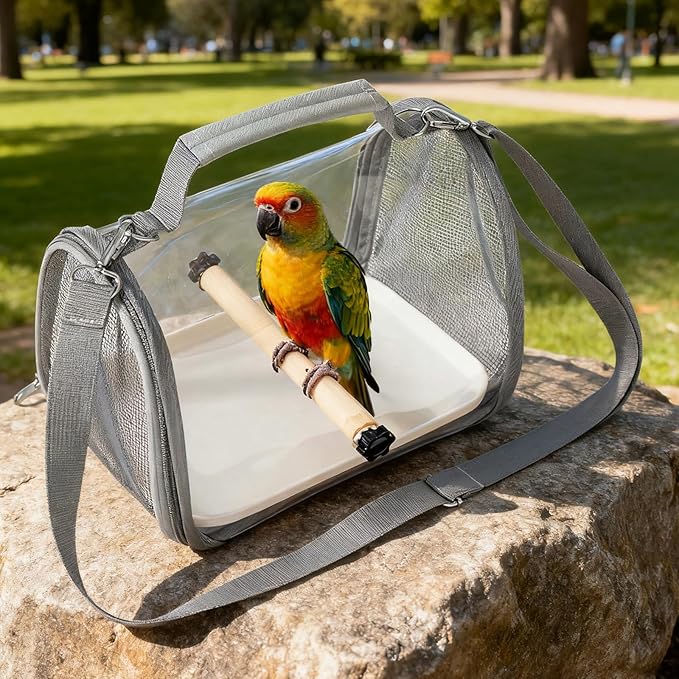 Portable Small Pet Carrier Bag – Travel Bird Cage for Parrots, Parakeets, Cockatiels, Hamsters, Lizard and Vet Visit with Shoulder Straps & Side Access (Includes tray and stand, Gray, 10.2*7.5*7.6in)