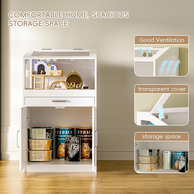 Betterhood Hamster Cage with Storage Cabinet,Hamster Cag for Small Animals, Large Hamster Cage and Habitat with Easy View Acrylic Panels for Hamster, Rabbit, Hedgehog (24"x19"x40")