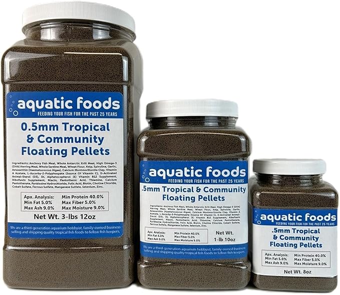Aquatic Foods Inc. 0.5mm - 1/64" Tropical & Community Fish Floating Micro Pellets for Tetras, Guppies, Angel Fish, Small Cichlids, Goldfish. All Tropicals - WL…1-lbs 10oz Jar