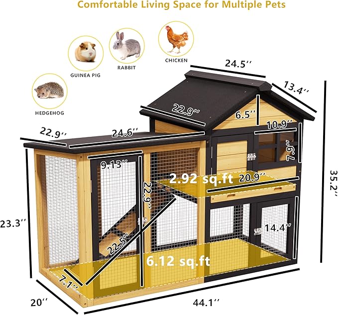 Bunny Cage Premium Rabbit Hutch with Leak-Proof Roof, 2-Story Bunny House for Guinea Pigs & Hamster, Wooden Chicken House with Deep Pull-Out Tray, Waterproof Chicken Coop for Outside (Yellow Black)