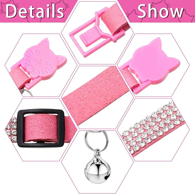 Weewooday 4 Pieces Rhinestones Cat Collars Breakaway Cat Collar with Bell Bling Pet Accessories with Soft Velvet, 4 Colors(XS,Gold, Red, Pink, Black)