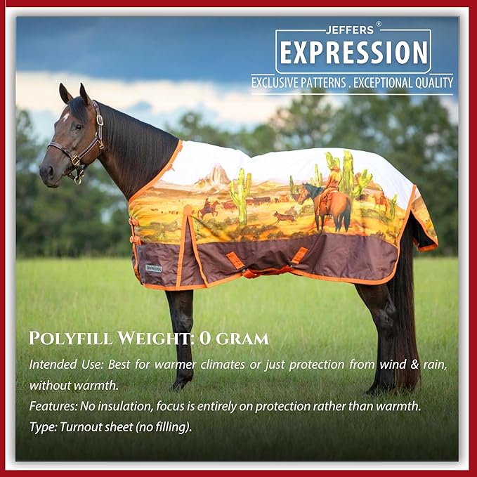 Jeffers Expression 1200 Denier Standard Neck Turnout Sheet, Cattle Drive, 72"- Waterproof, Breathable Horse Sheet with 0g Polyfill, No Insulation, Ideal Protection for Wind & Rain, Lightweight