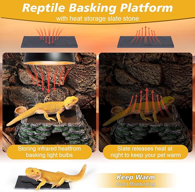 3 in 1 Large Bearded Dragon Basking Platform 13.4x7.1x5.3 in Scape Step Ledge Cave Hideout Natural Rock Reptile Food Bowl Reptile Tank Accessories for Lizard, Geckos, Ball Pythons, Tortoise