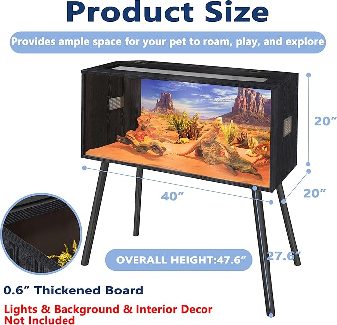 Prolee 63 Gallon Reptile Tank, Tempered Glass Bearded Dragon Tank with Wooden Roof and Lockable Doors, Large Lizard Habitat for Snakes, Iguanas, Chameleons (Black)