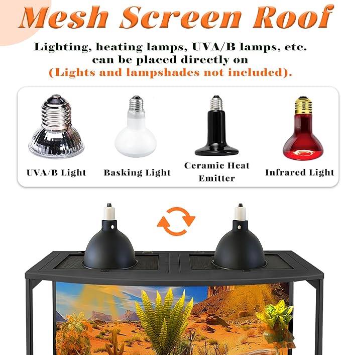 PROLEE Bearded Dragon Tank, Curved Reptile Enclosure with 3-Side Clear Acrylic Panels, Spacious Lizard Tank with Metal Mesh Top and Lockable Door for Reptile Habitat (Black, 24" Length,24 Gallons)