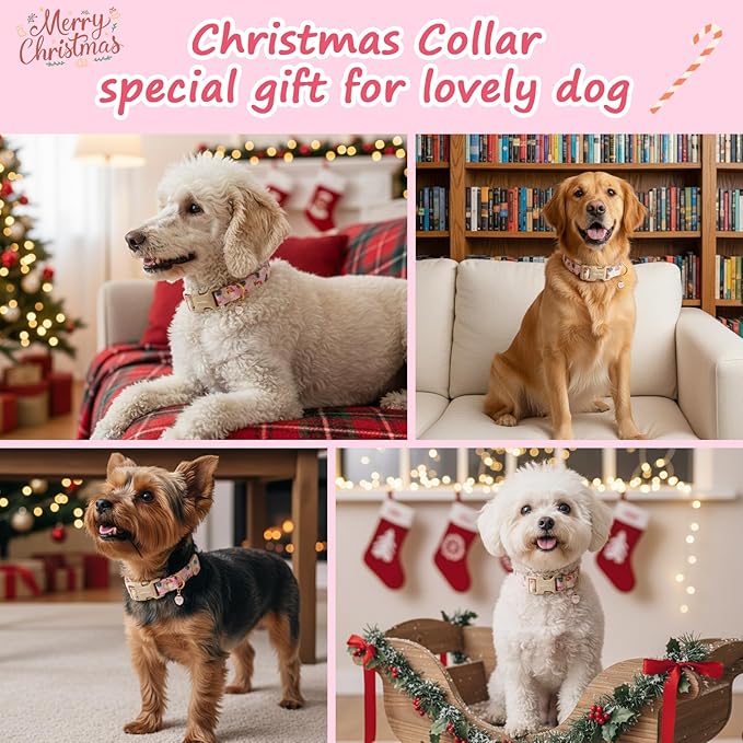 Christmas Dog Collar for Large Dogs, Adjustable Poly-Cotton Fabric Collar with Santa Pattern, Cute Pink Dog Collar for Dogs, Large Dog Collars Girls Dog Collars