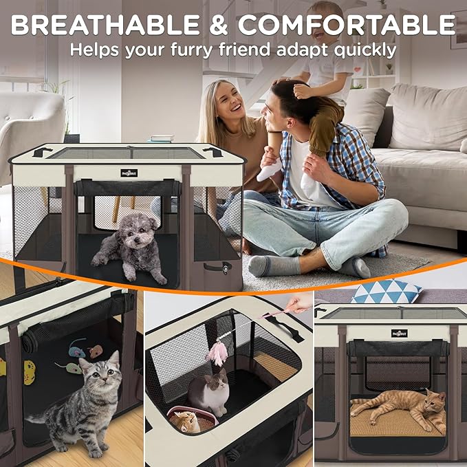 Foldable Pet Kitten Playpen, Upgrade Waterproof Portable Cat Dog Playpen Kennel Tent for Small Dog Cat, Retractable Shade Cover, Indoor Outdoor Use for Small Pet, Brown