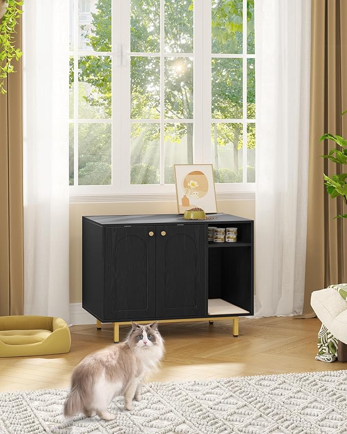 Cat Litter Box Enclosure Enclosed, Hidden Litter Box Cabinet Furniture with Storage, Wooden Indoor Cat House Large, Modern End Table for Living Room Entryway, Black and Gold CB01504G
