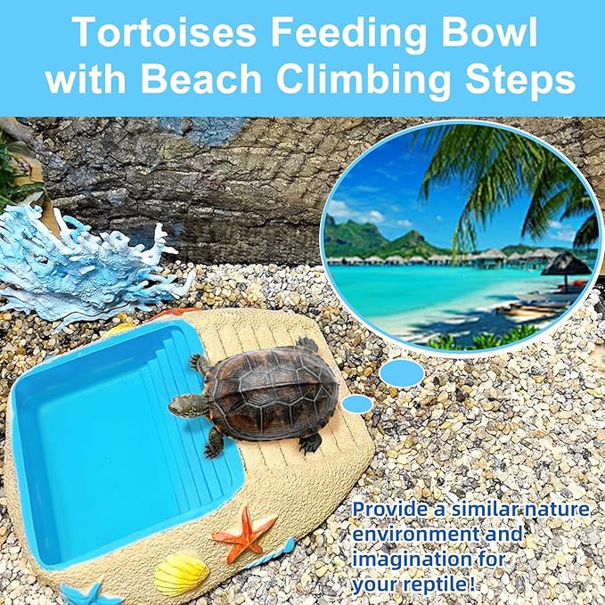 Tortoise Water Bowl,Reptile Water Dish,Resin Bearded Dragon Feeding Bowl with Ramp, Hermit Crab Bathing Pool, Lizard Food Dish Terrarium Decor for Turtle,Gecko,Chameleon,Frog(L)